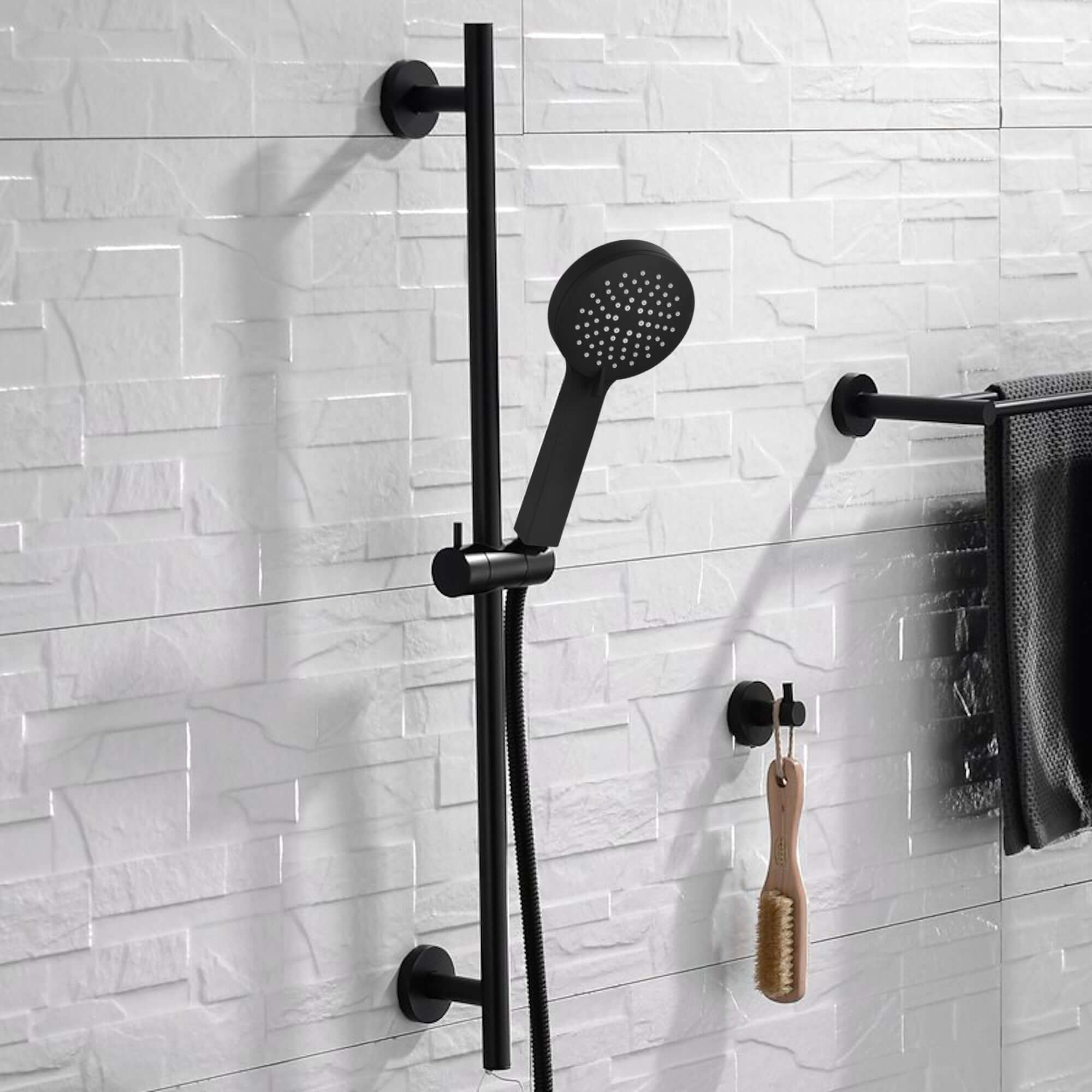 Contemporary Shower Slider Riser Rail Kit With 3 Function Shower Head, Hose and Wall Elbow - Matte Black